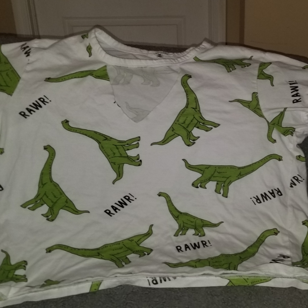 White midriff with dinosaurs. Very cute!